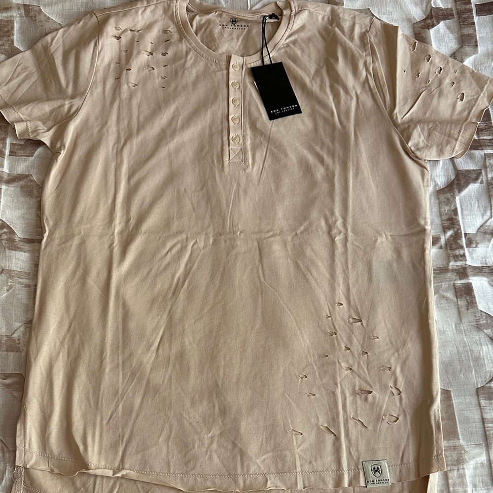 Ron Tomson Beige Distressed Short Sleeve Henley